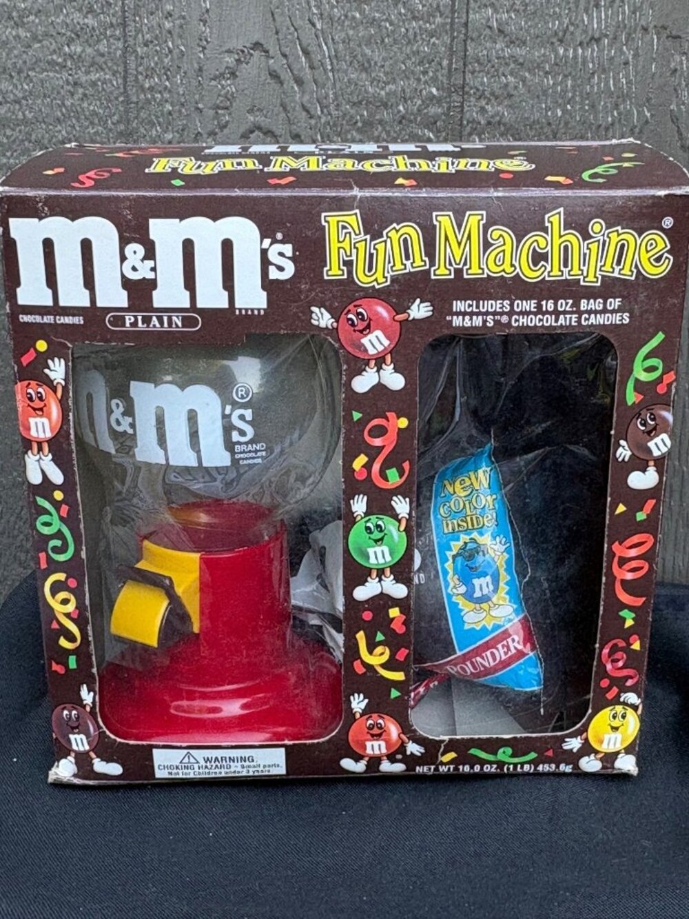 Vintage M&Ms Fun Machine Candy Dispenser 1lb Plain M&Ms Bag & Original Box 1999